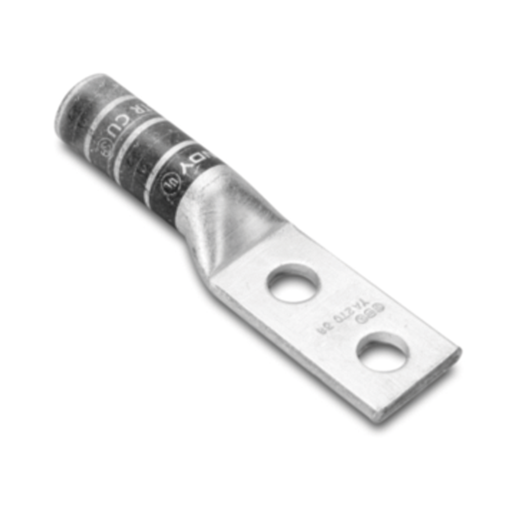 Zapata Terminal de Compresión de Barril Largo con Doble Ojillo para Tornillo 1/4 y Cable 6 AWG / Espaciado de 5/8.