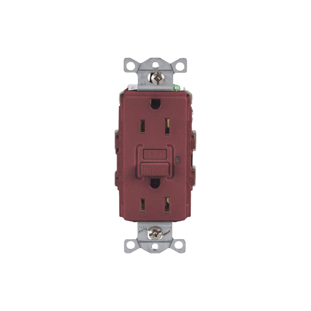 [HUB-GFR-15R] Contacto de Auto-verificación GFCI con Interruptor de Falla a Tierra de 15 A 125 V 2 Polos/ Color Rojo / Nema 5-15R / Grado Industrial Comercial.