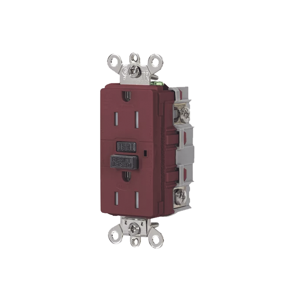 Contacto de Auto-verificación GFCI de 15 A 125 V 2 Polos/  Resistente a Manipulaciones y Intemperie / Color Rojo / Nema 5-15R / Grado Industrial.