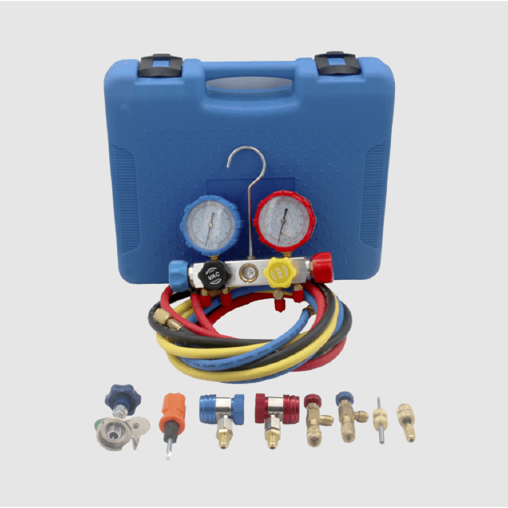 [HBSBZ6] Juego de manómetros para aire acondicionado, herramienta de carga de refrigerante, doble válvula con adaptadores de acoplamiento rápido, manguera de 1.5 metros para refrigerantes : R410A, R32, R134A, R22