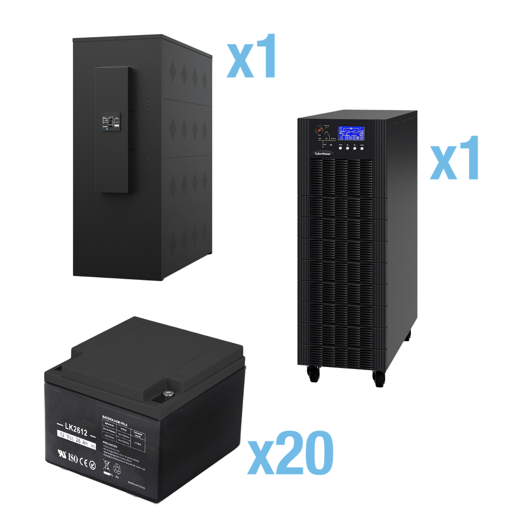 UPS Trifásico de 20 kVA/18 kW, Topología Online Doble Conversión, Voltaje de 208/220 Vca de L-L, Respaldo de 5 Minutos al 100% de Carga, Incluye Módulo y Banco de Baterías