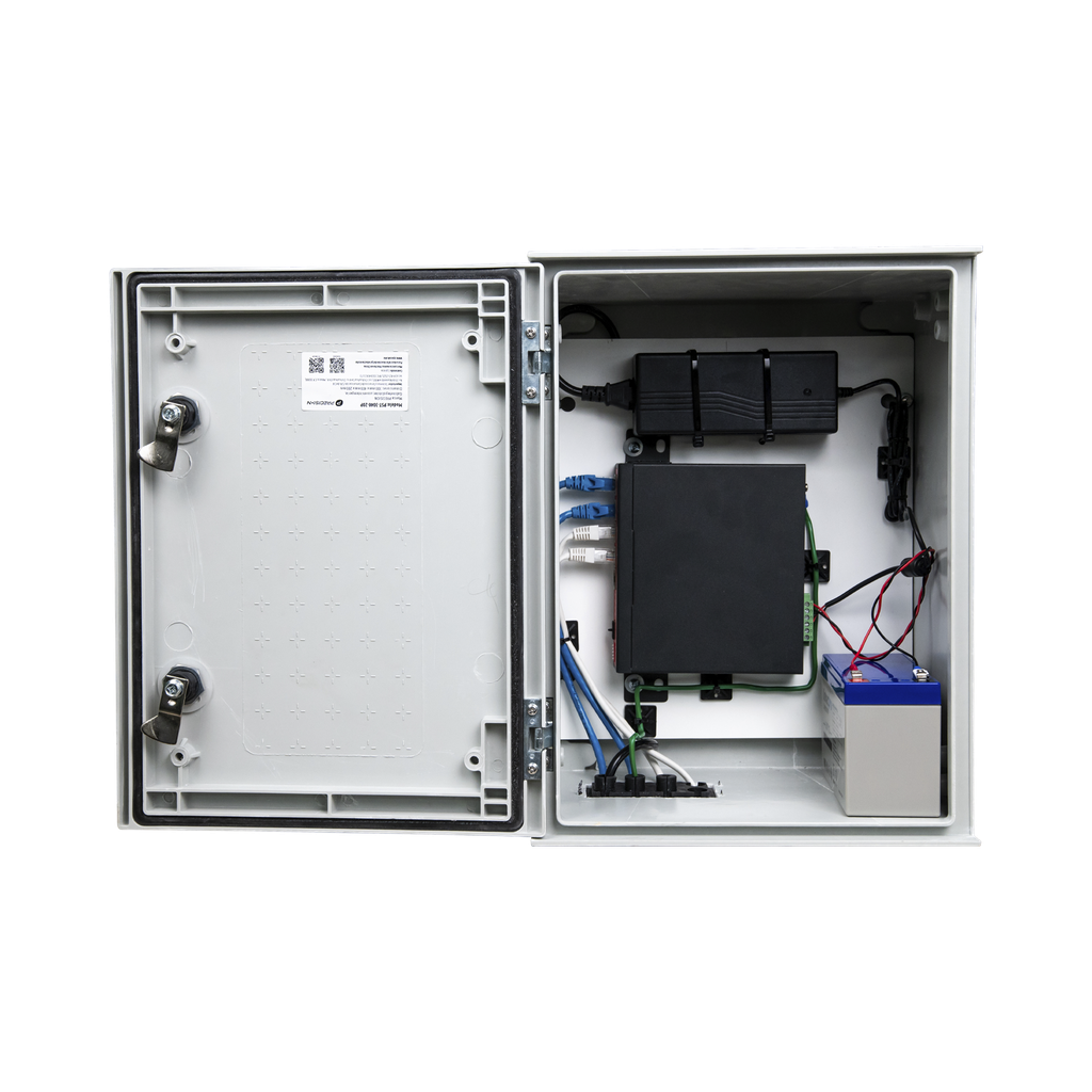 [PST-UPS-BAT1] KIT de Gabinete de Poliéster (300 x 400 x 200 mm) + Controlador de Carga con Switch PoE (5) + Batería de 12V 7Ah