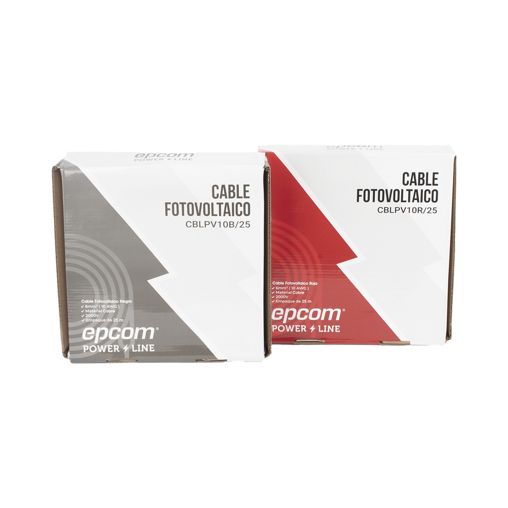 Kit de 2 rollos de 25 metros de cable fotovoltaico de cobre, rojo y negro, calibre 10 AWG (6mm²), Tipo PV, 1000/2000 V y 120°C.