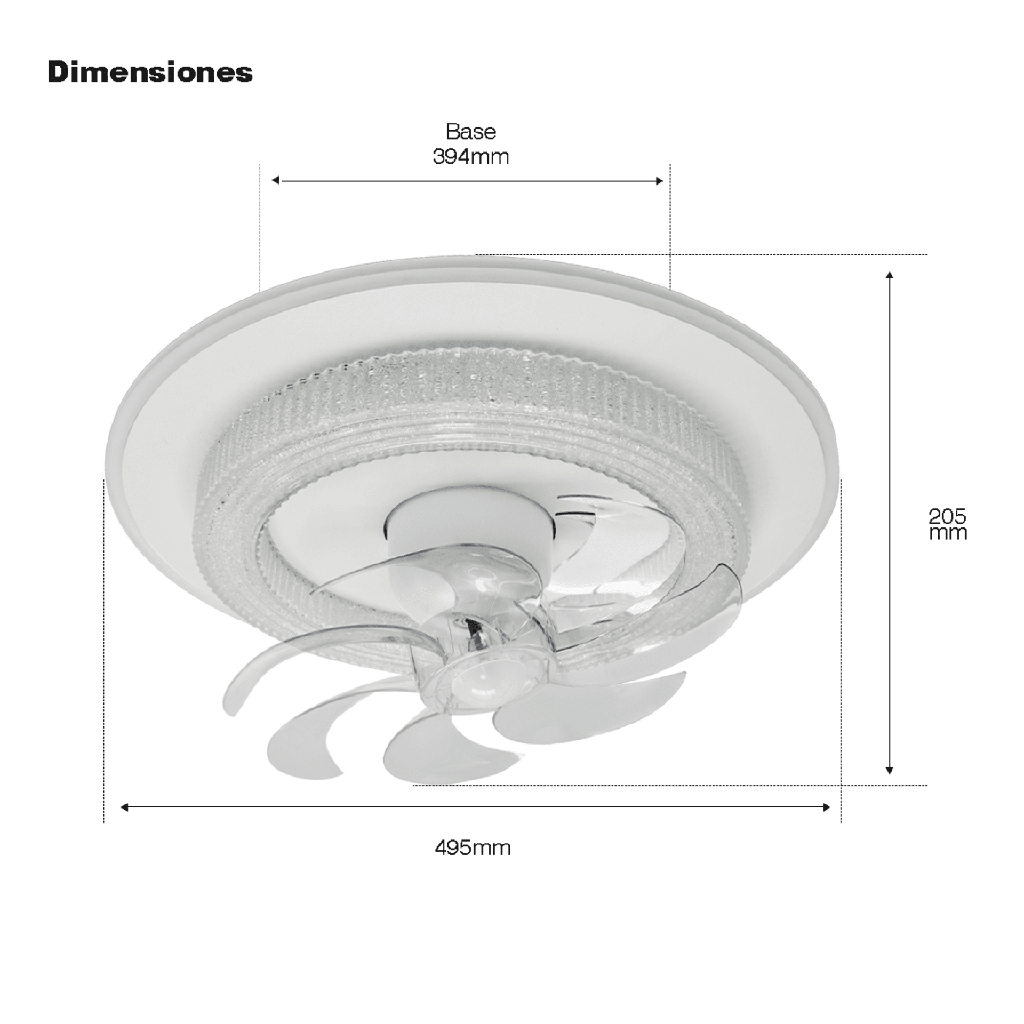 Ventilador de Techo con Luminario LED de 110 V CA 50/60 Hz / 88 W / 3 Tonos de Luz (6500 - 4 000 - 2 700 K) / Con giro 360° / Diámetro 495 mm / 6 Velocidades / Dimeable.