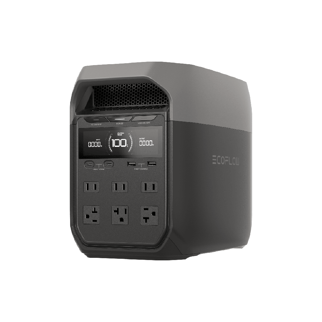 Estación de Energía Portátil Delta 3 1024Wh Litio LFP / 6 AC 1800 W (Max. 2200W) / 2 USB-C 100W / Capacidad para Aumentar Respaldo / Cargador de Coche 10A a 12.6V / Conectividad WiFi y Bluetooth (App) / Carga Solar 500W Max.