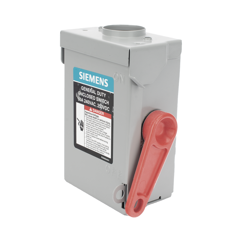 Interruptor de seguridad cerrado de doble ruptura. Interruptor de serie A, 2 polos, 2 hilos sin fusible, uso general. Nema 3R