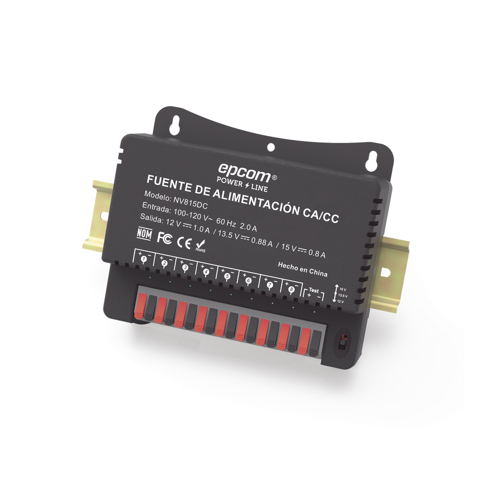 Fuente de Poder / Para 8 Cámaras / Ajustables a 12 o 13.5 o 15 Vcc / 8 Amperes / Instalación en Pared.