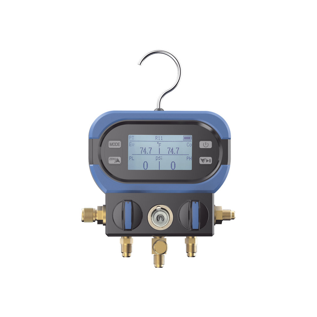 [DM-AA] Manifold Digital DMAA 2 Válvulas / Sensor Digital Alta Precisión / Pantalla LCD Retroiluminada / Rango -14 a 800 psi (55 bar) / Compatibilidad Múltiples Refrigerantes / Diseño Anti-Caídas / Incluye 3 Mangueras y Adaptado