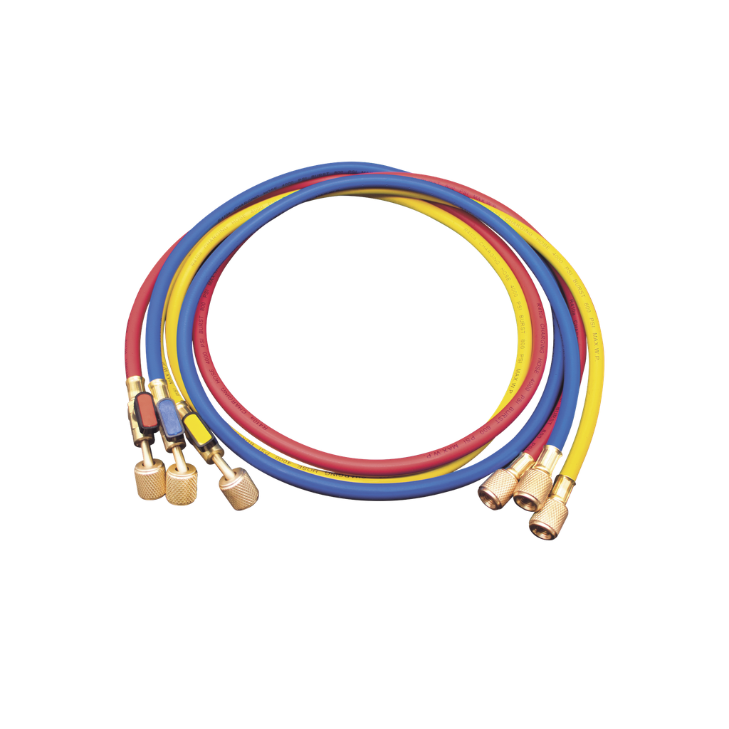 Juego de Mangueras de Refrigerante MM360 / 3 Mangueras 150 cm con Válvulas de Cierre / Presión Trabajo 55 bar (800 psi) / Presión Ruptura 276 bar (4000 psi) / Conexiones 1/4 SAE Hembra y Macho / Identificación por Color Rojo-Az