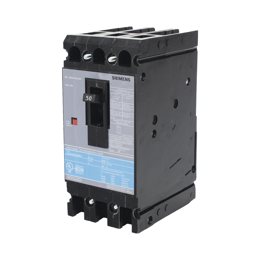 Interruptor Termomagnético ED6 600V 3X50A, Sin zapatas principales.