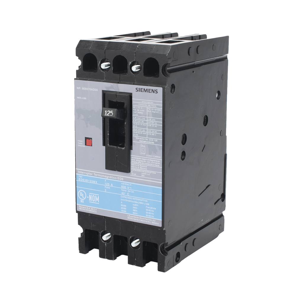 Interruptor Termomagnético ED6 600V 3X125A, Sin zapatas principales.