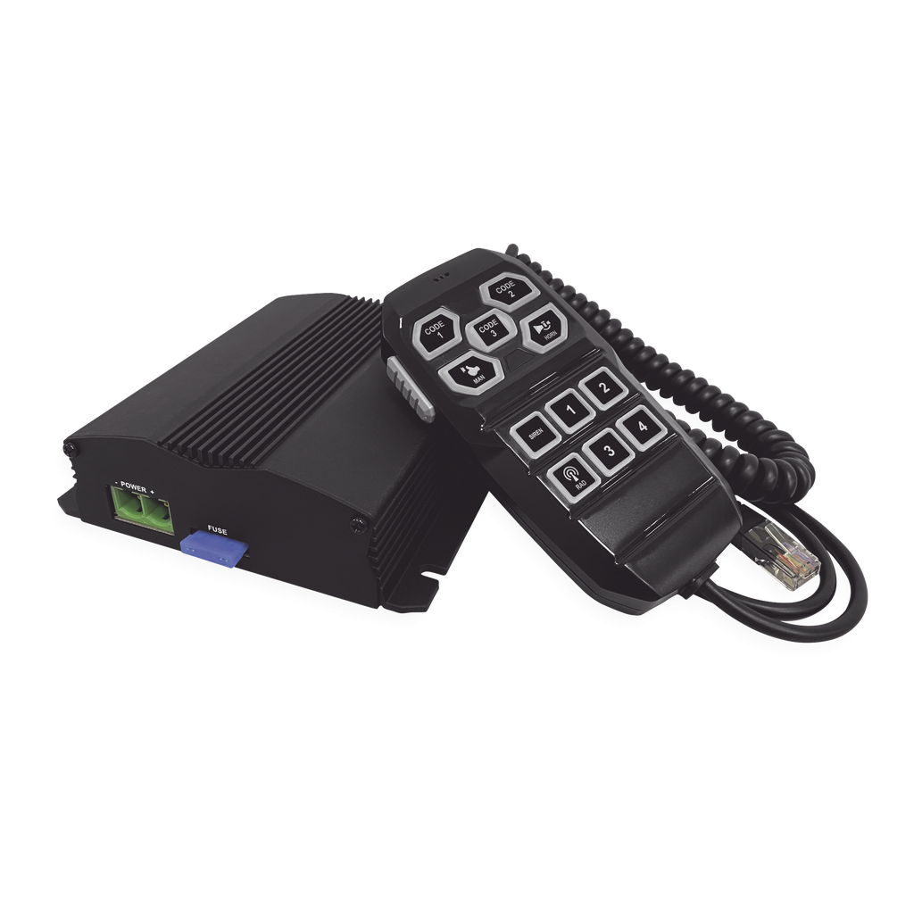 [SP104] Sirena Vehicular de 100W de Potencia, Con Controlador Unimando Para Control de Tonos, 4 Salidas Auxiliares y Microfono