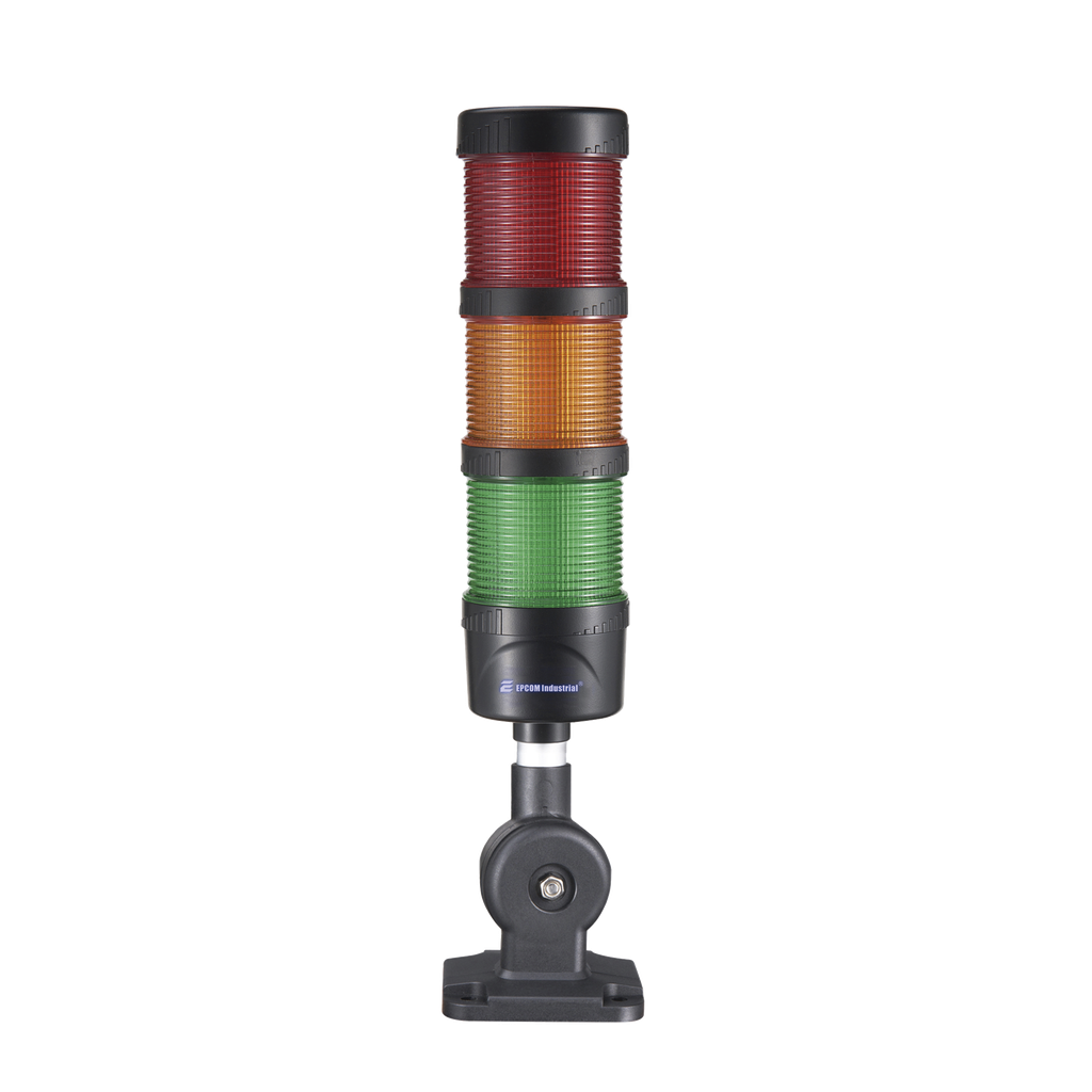 Torre LED Indicadora de estado de 3 niveles color Rojo, Ámbar y Verde, con Buzzer integrado a 85 dB,  a 24 VCD con Montaje incluido de 60 mm de diámetro
