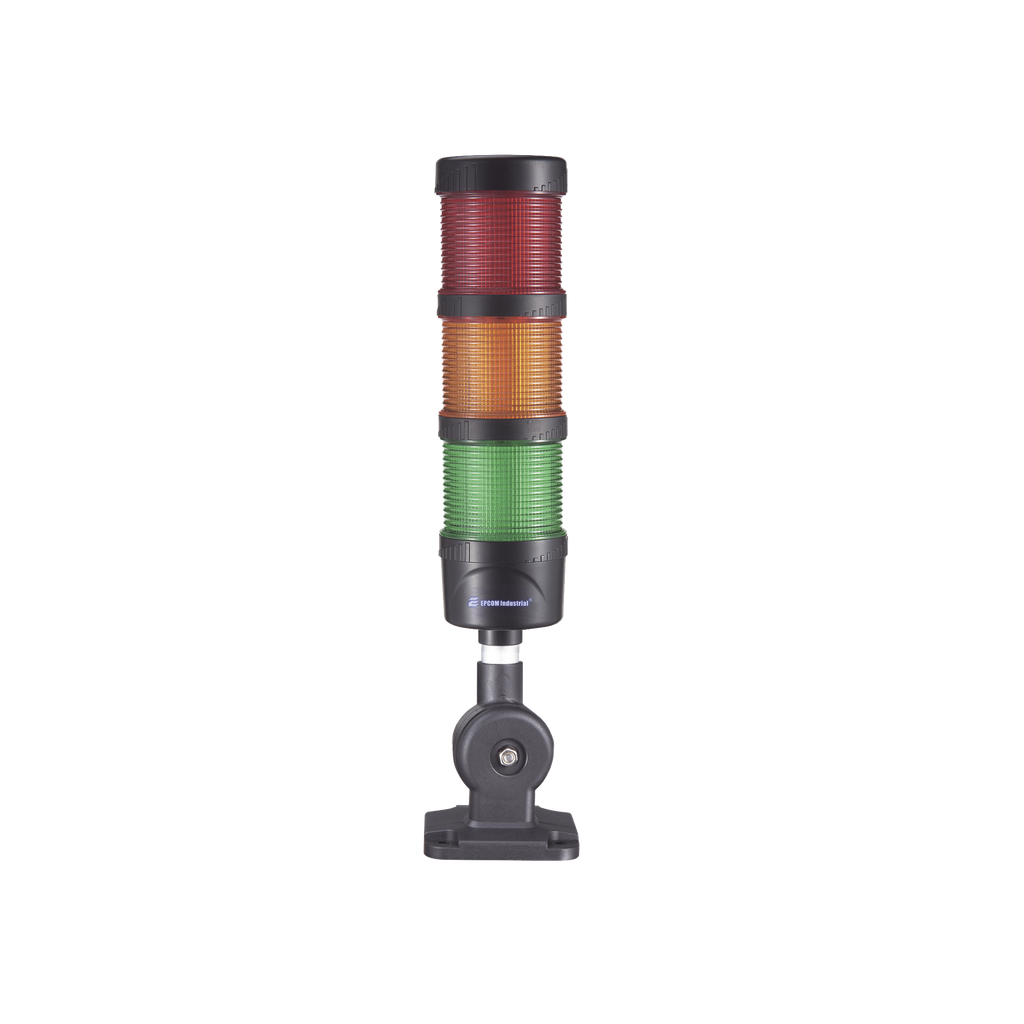 Torre LED Indicadora de estado de 3 niveles color Rojo, Ámbar y Verde, con Buzzer integrado a 85 dB,  a 110-240 VCA con Montaje incluido de 60 mm de diámetro
