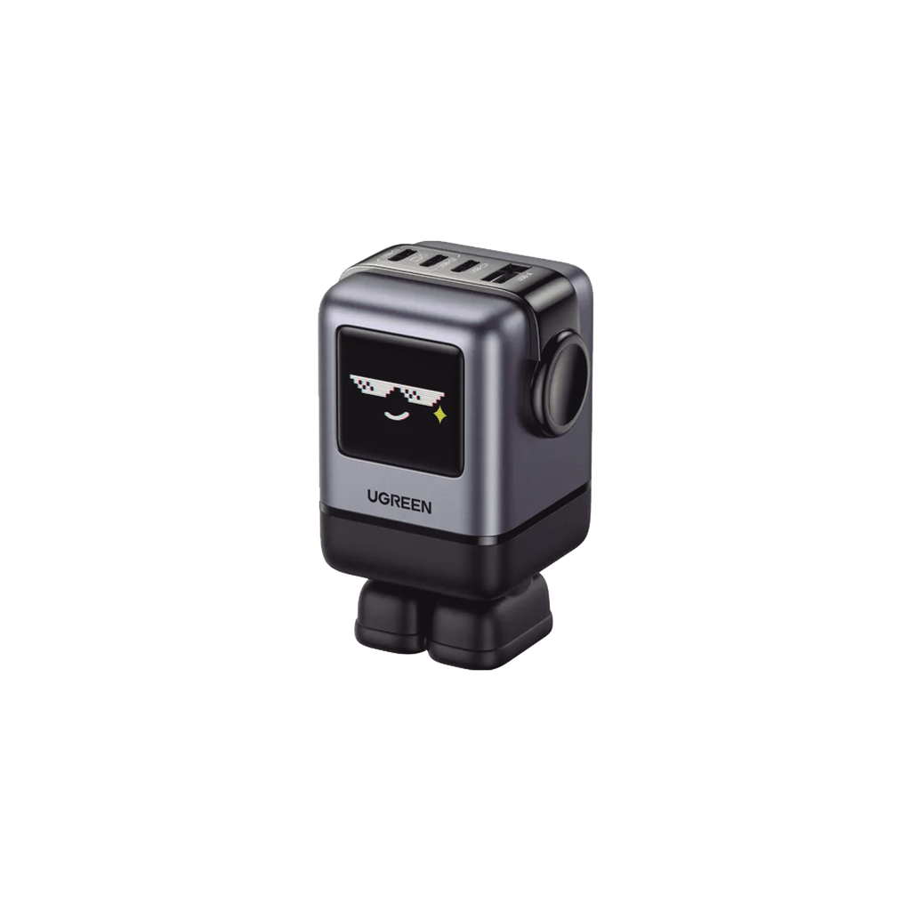 [45514B] Cargador RobotGaN de 100W Serie UNO | 4 Puertos de Carga Rápida | 3 USB-C | 1 USB-A | PD 3.0 | QC 4.0 | Carga Inteligente | Tecnología GaN II | Zapato Magnético Extraíble | Carcasa Ignifuga | Pantalla LED