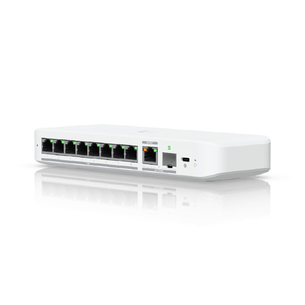 [USW-FLEX-2.5G-8] USW Flex 2.5G Switch de 8 Puertos 2.5GbE, con un Puerto de Enlace Ascendente Combinado RJ45/SFP+ de 10 GbE, Incluye Adaptador ca/cc