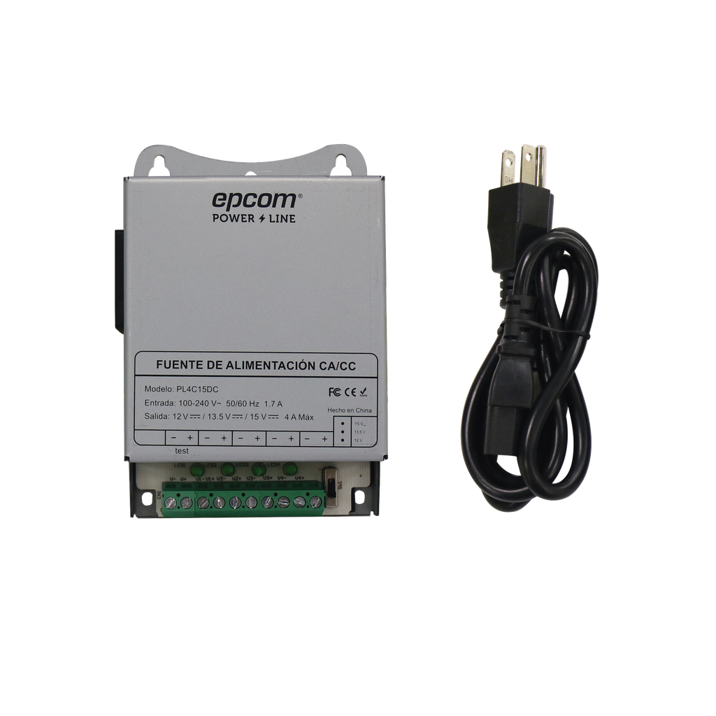 [PL-4C-15DC] Fuente de Poder Metálica / Para 4 Cámaras / Ajustables a 12 o 13.5 o 15 Vcc / 4 Amperes / Instalación en Pared.