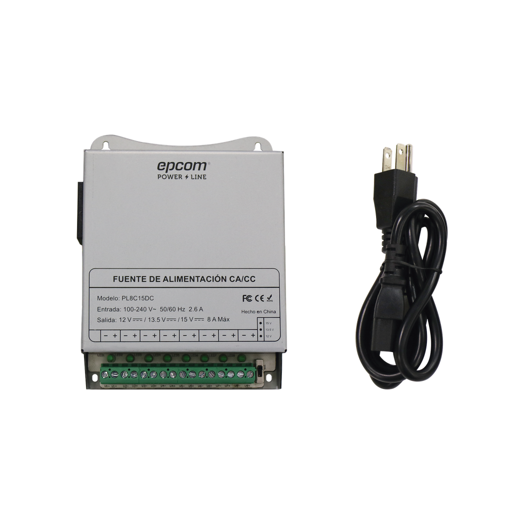 [PL-8C-15DC] Fuente de Poder Metálica / Para 8 Cámaras / Ajustables a 12 o 13.5 o 15 Vcc / 8 Amperes / Instalación en Pared.