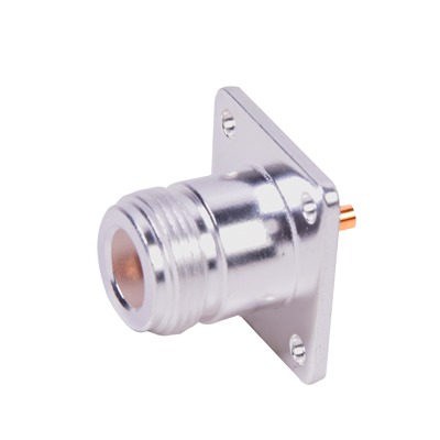 [RFN-1021] Conector N Hembra para Montaje Frontal en Panel con 4 Perforaciones a 18 mm, Plata/ Oro/ Teflón.