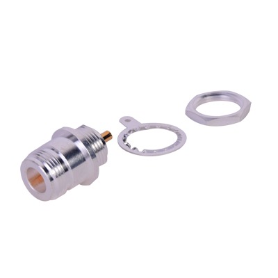 [RFN-1022-1] Conector N Hembra, para Montaje Frontal en Panel, Doble D Plano, Plata/ Oro/ Teflón.