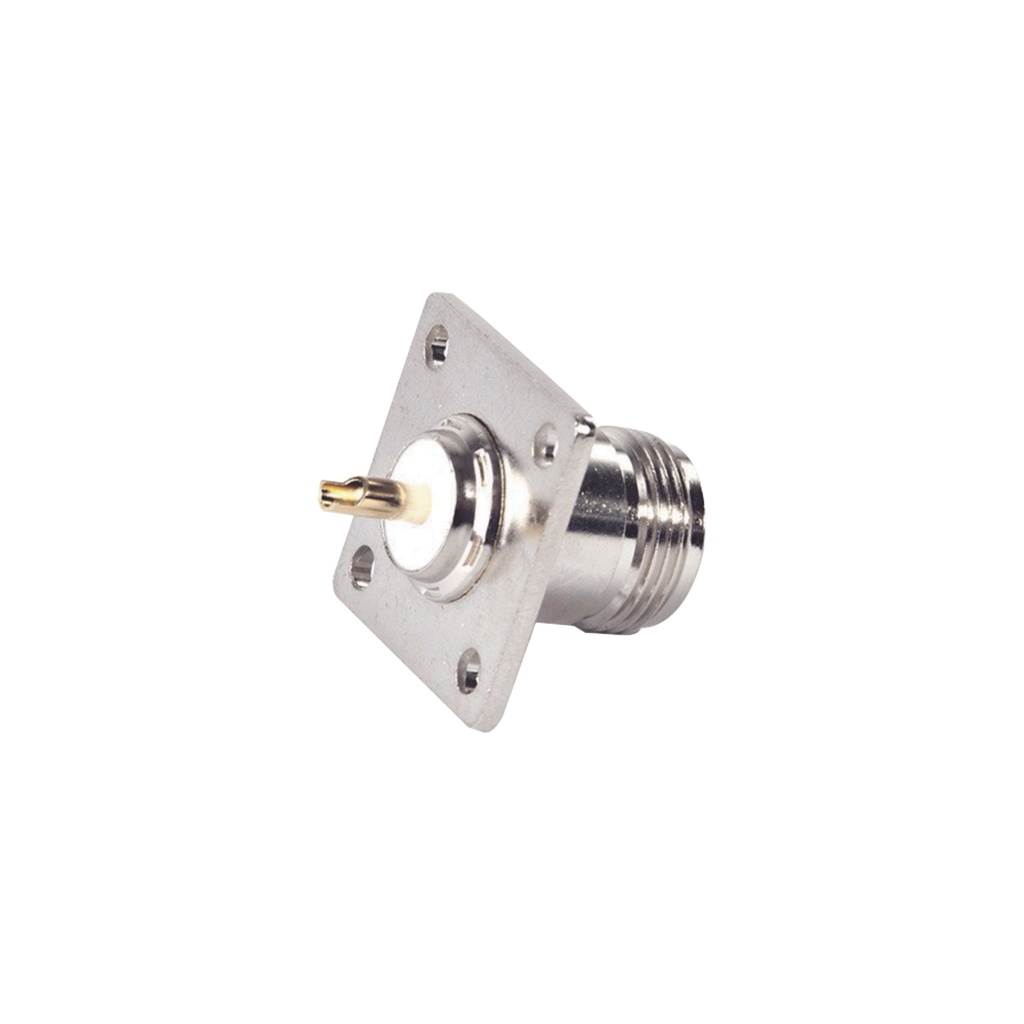 [RFN-1021-SYS] Conector N Hembra para Montaje en Panel, 4 perforaciones a 18 mm, PIN Largo, Plata/ Oro/ Teflón.