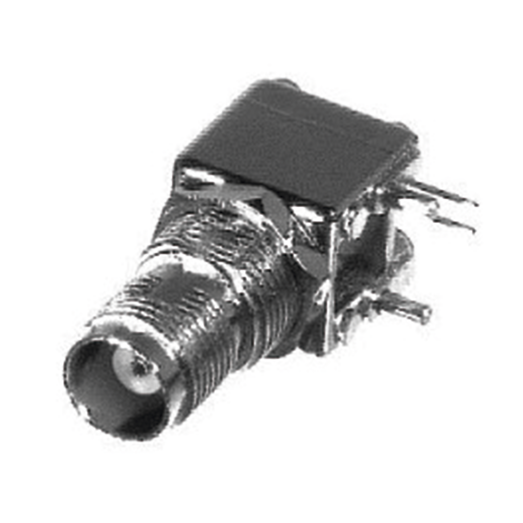 [RT-1208] Conector TNC Hembra de Rosca Izquierda en Ángulo Recto para Montaje en PCB, Troquelado, Níquel/ Oro/ Delrin.