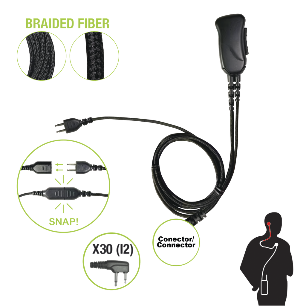 [SNP-1W-30-BF] Micrófono con cable de fibra trenzada serie SNAP compatible con ICOM 2 PINES (SIN TORNILLOS).