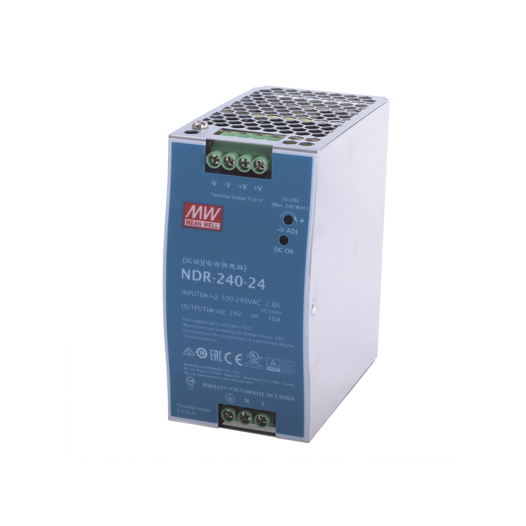 [NDR24024] Fuente de Poder Industrial de 240W, salida 24Vcc, 10A, para montaje Riel Din